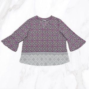Dana Buchman‎ Women's Purple Print Trumpet Sleeve V-Neck Blouse, Size L